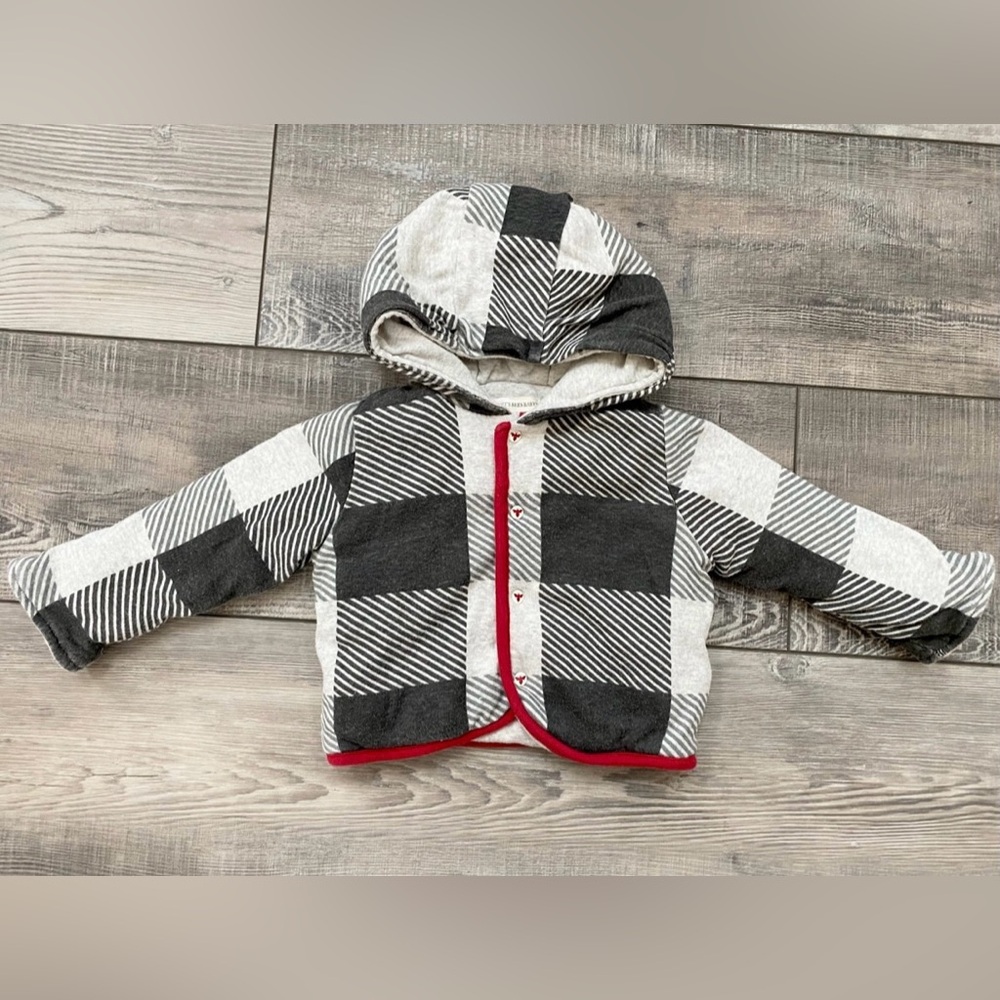 Burts Bees Baby Plaid Red White Grey Light Spring Jacket Coat 3M 6M